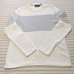 Nautica sweater in white with gray stripes. Crew neck. Size medium
